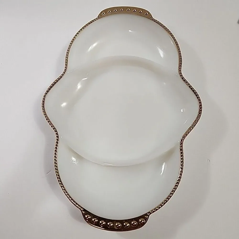 3 Pc Fire King Anchor Hocking (2) Divided Relish Dish Tray Gold Trim (1) Platter